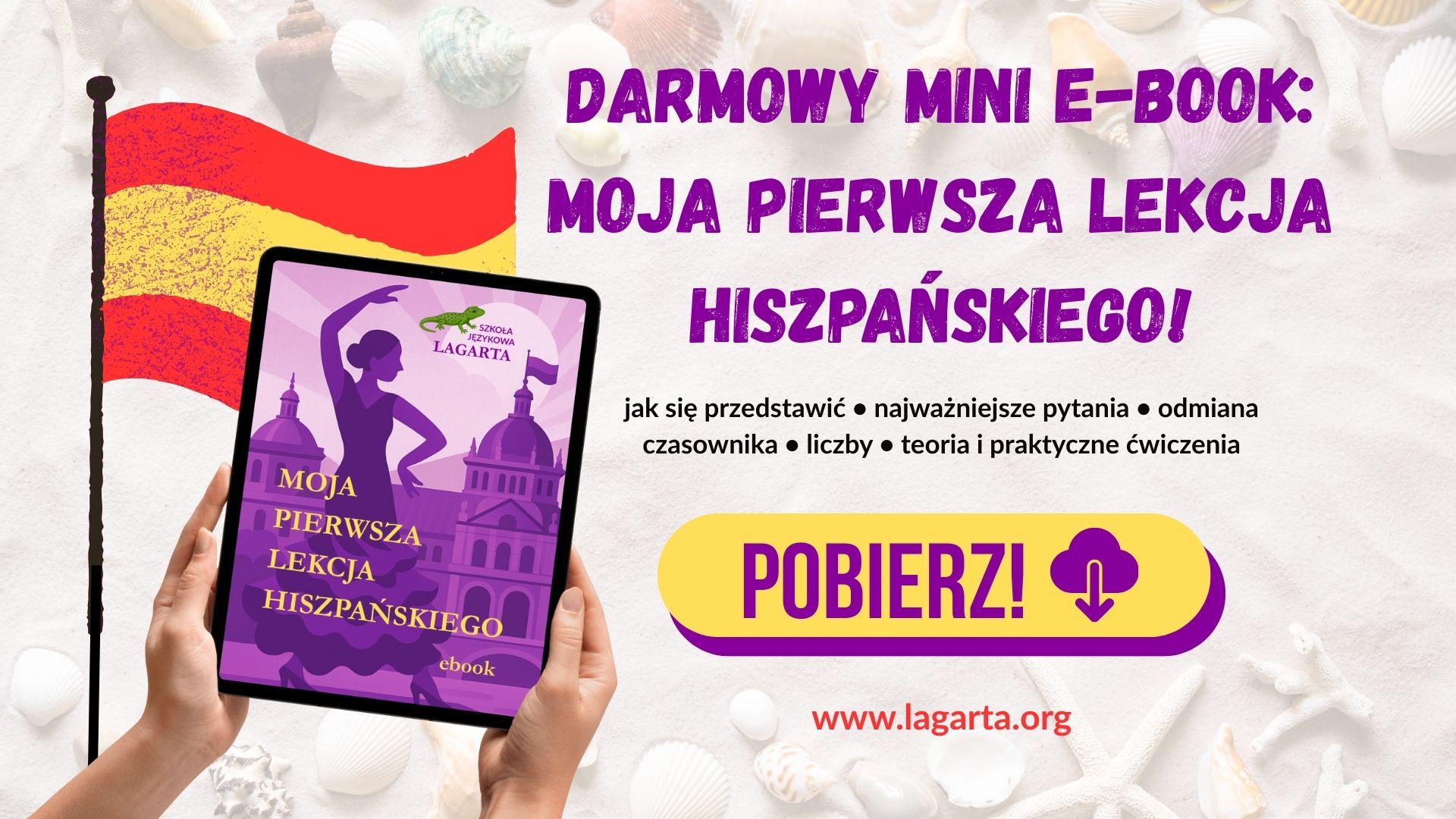 E-book "Moja pierwsza lekcja hiszpańskiego" Okładka darmowego e-booka hiszpański dla początkujących – Szkoła Językowa Lagarta
