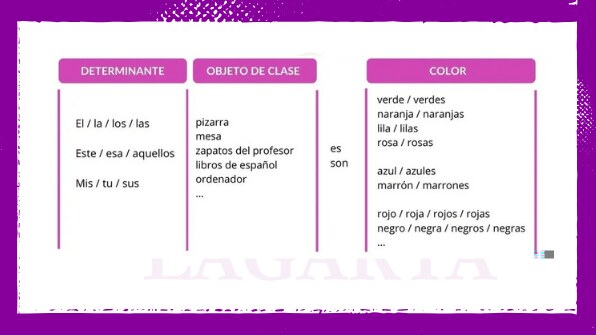 Odmiana kolorów: verde, naranja, lila, rosa, azul, marrón, rojo i negro